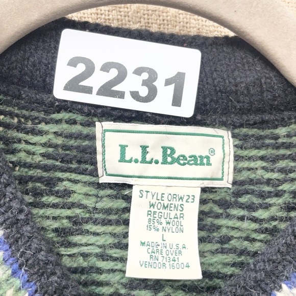 Vintage L.L. Bean Green Black Nordic Snowflake Wool Cardigan Sweater USA Large - Picture 2 of 7
